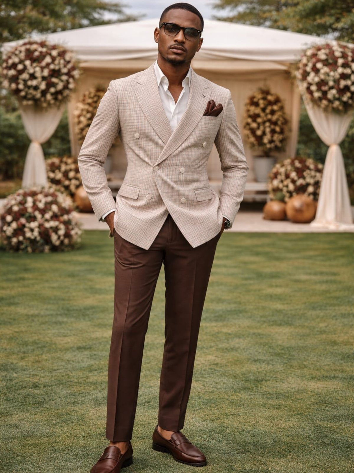 Man in a beige suit jacket and brown trousers standing before wedding pavilion.