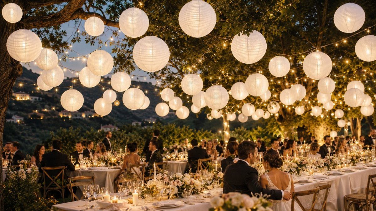 White spherical paper lanterns and string lights hanging over an outdoor wedding reception.