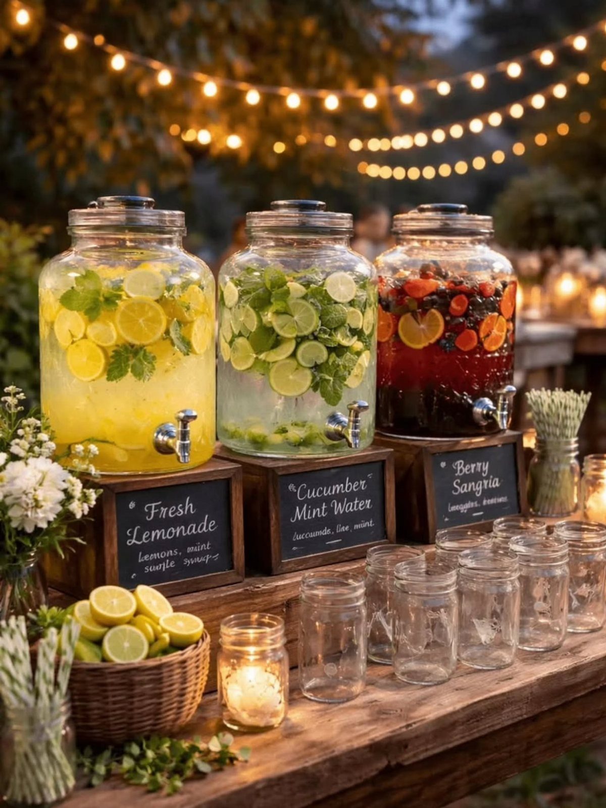 Three glass drink dispensers with fruit-infused beverages on a rustic wooden table.