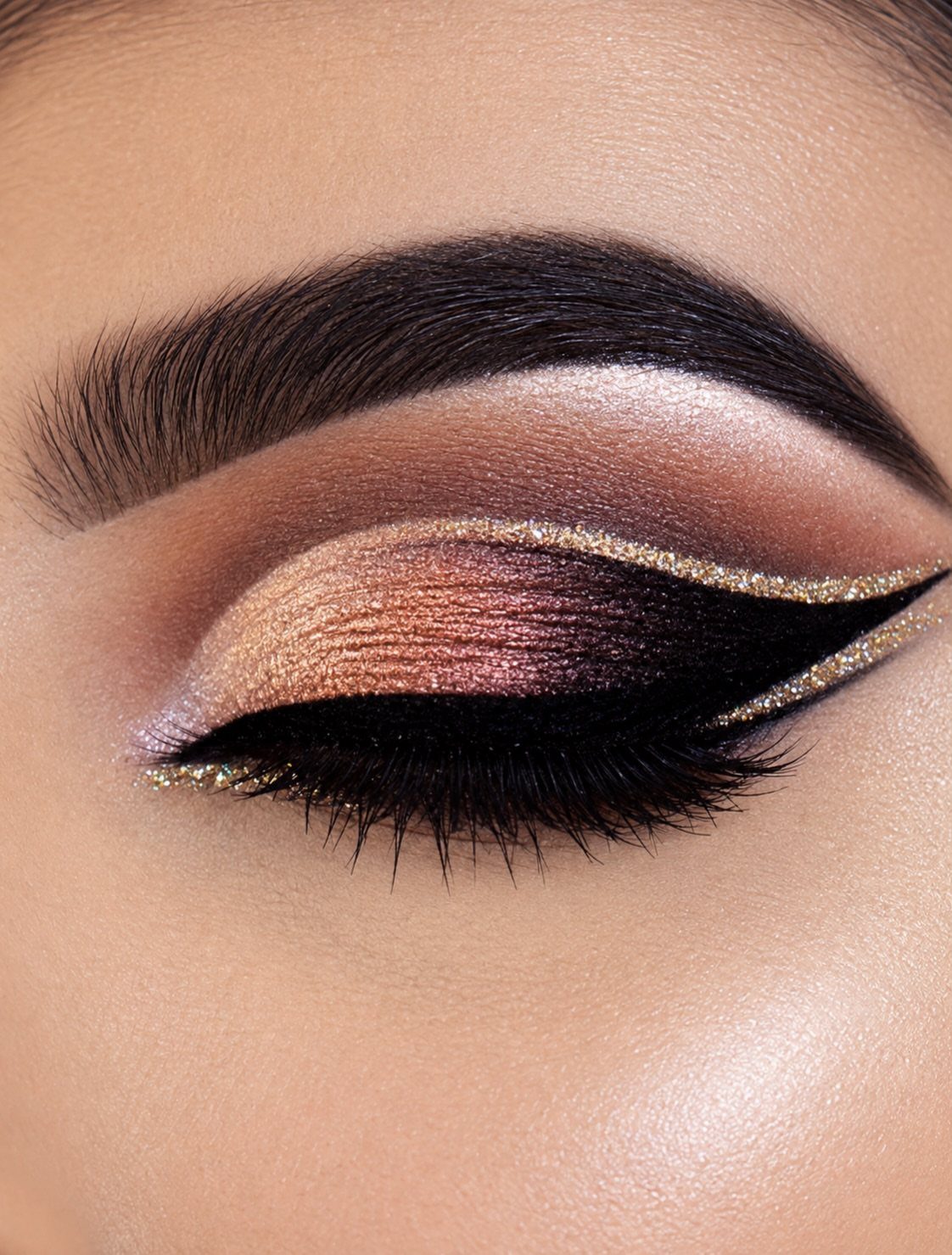 Closed eye with shimmering bronze eyeshadow and bold glittery gold graphic eyeliner.