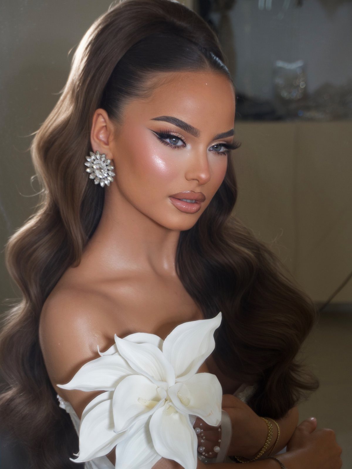 Woman with dramatic winged eyeliner, shimmering eyeshadow, and long wavy brown hair.