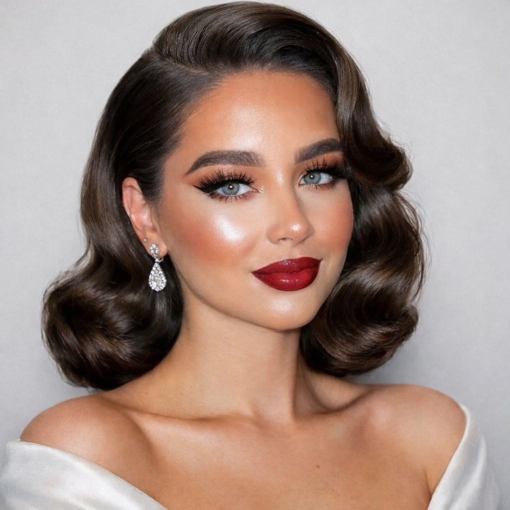Woman with bold red lips, winged eyeliner, and vintage brunette waves.