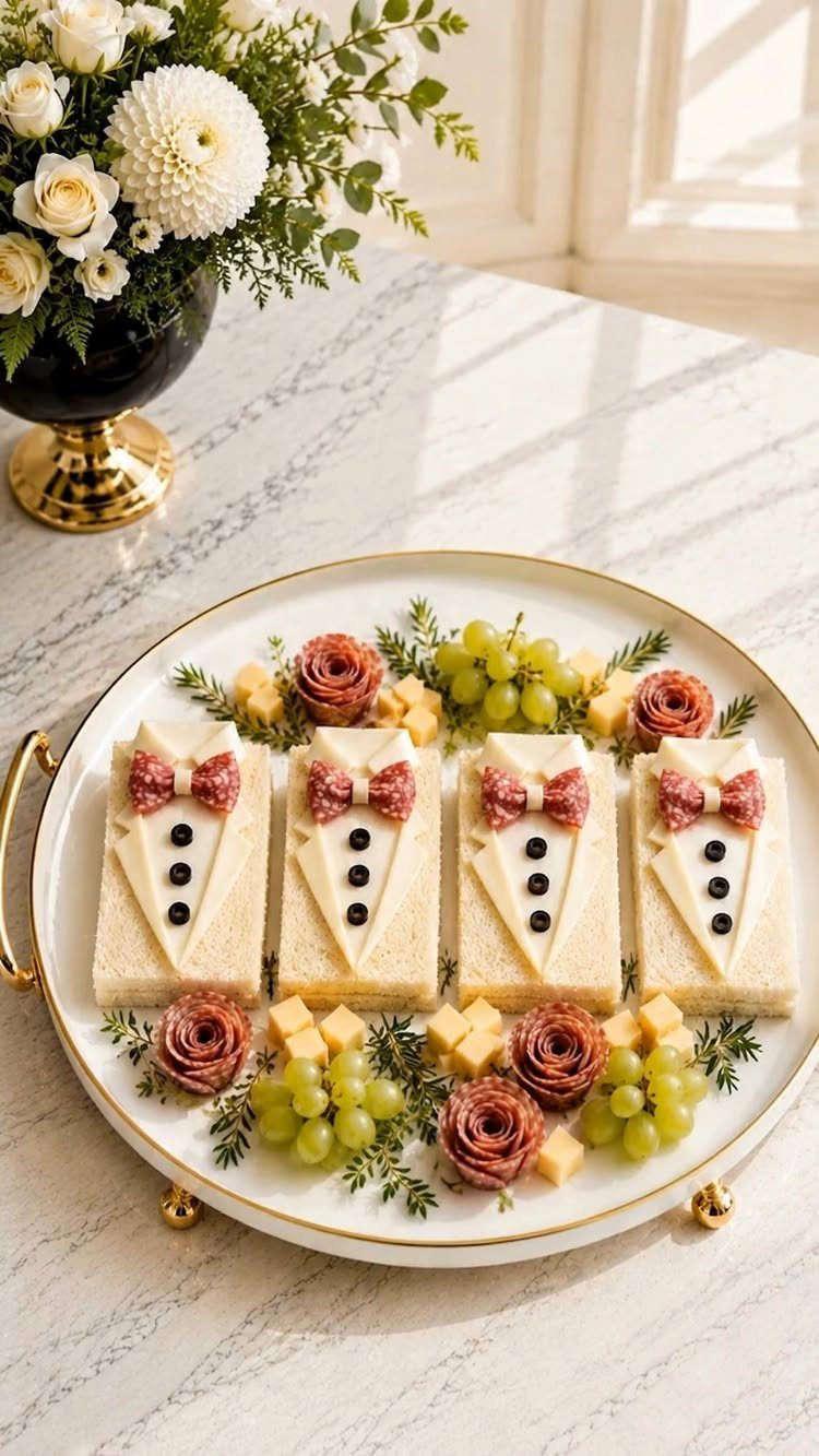 Tuxedo-shaped finger sandwiches on a platter with grapes, cheese, and meat roses.