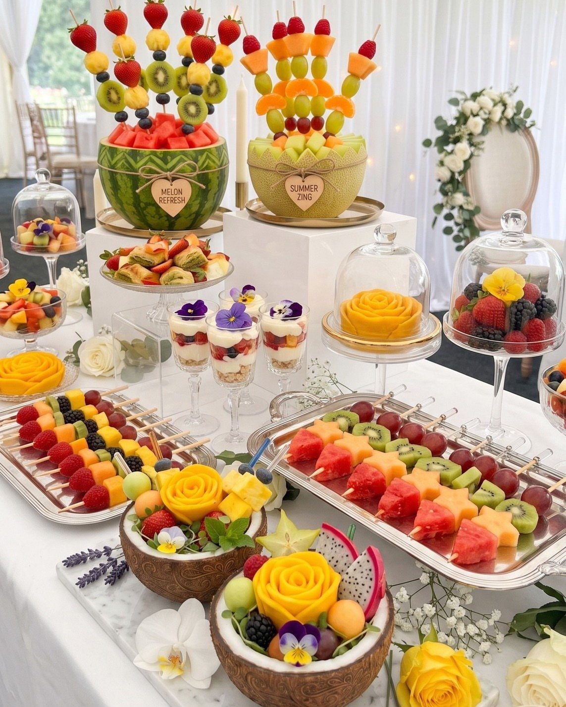 Assorted fresh fruit skewers and carved fruit bowls on a wedding appetizer table