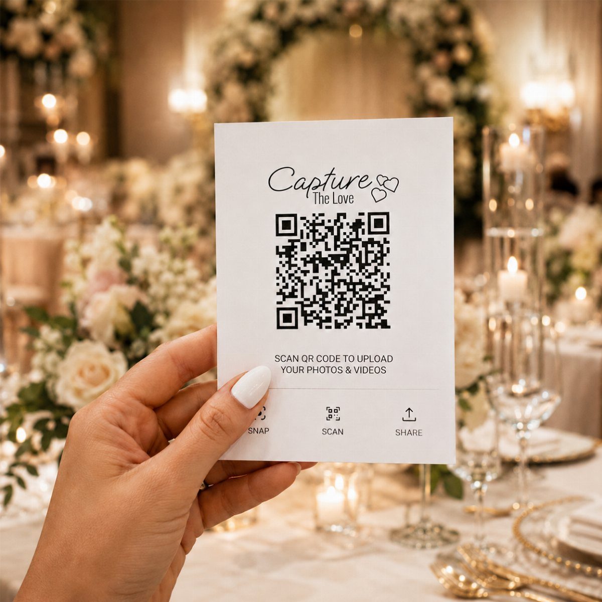 Hand holding a wedding QR code card for photo uploads at a reception.