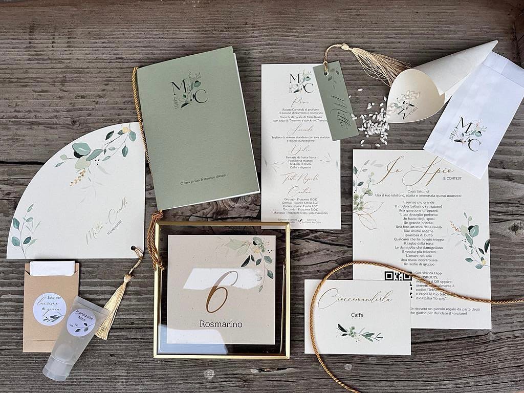 Wedding stationery set featuring a sage green color palette and an I Spy game card.