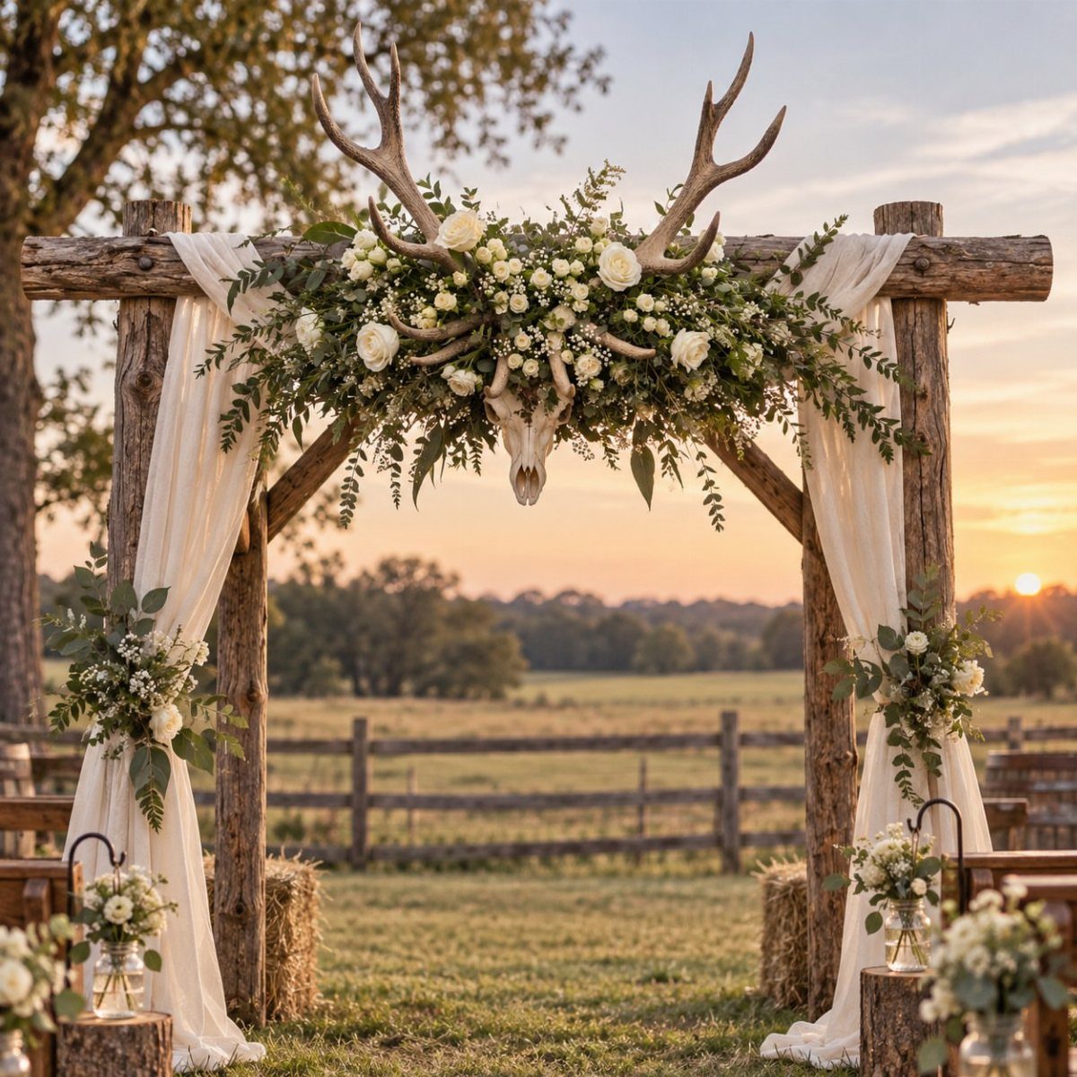 Rustic wooden wedding arch decorated with white flowers, greenery, and a deer skull.