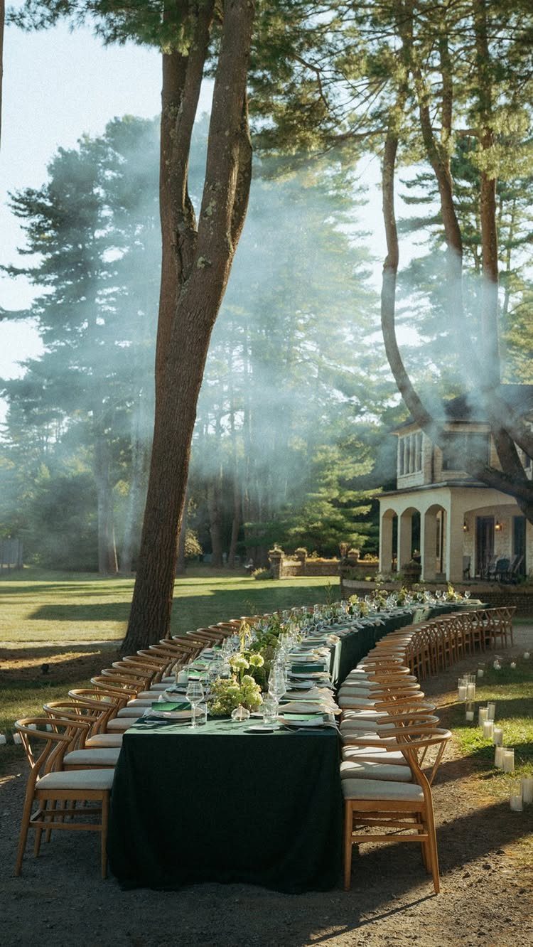 Long outdoor wedding reception table with green linens under tall pine trees