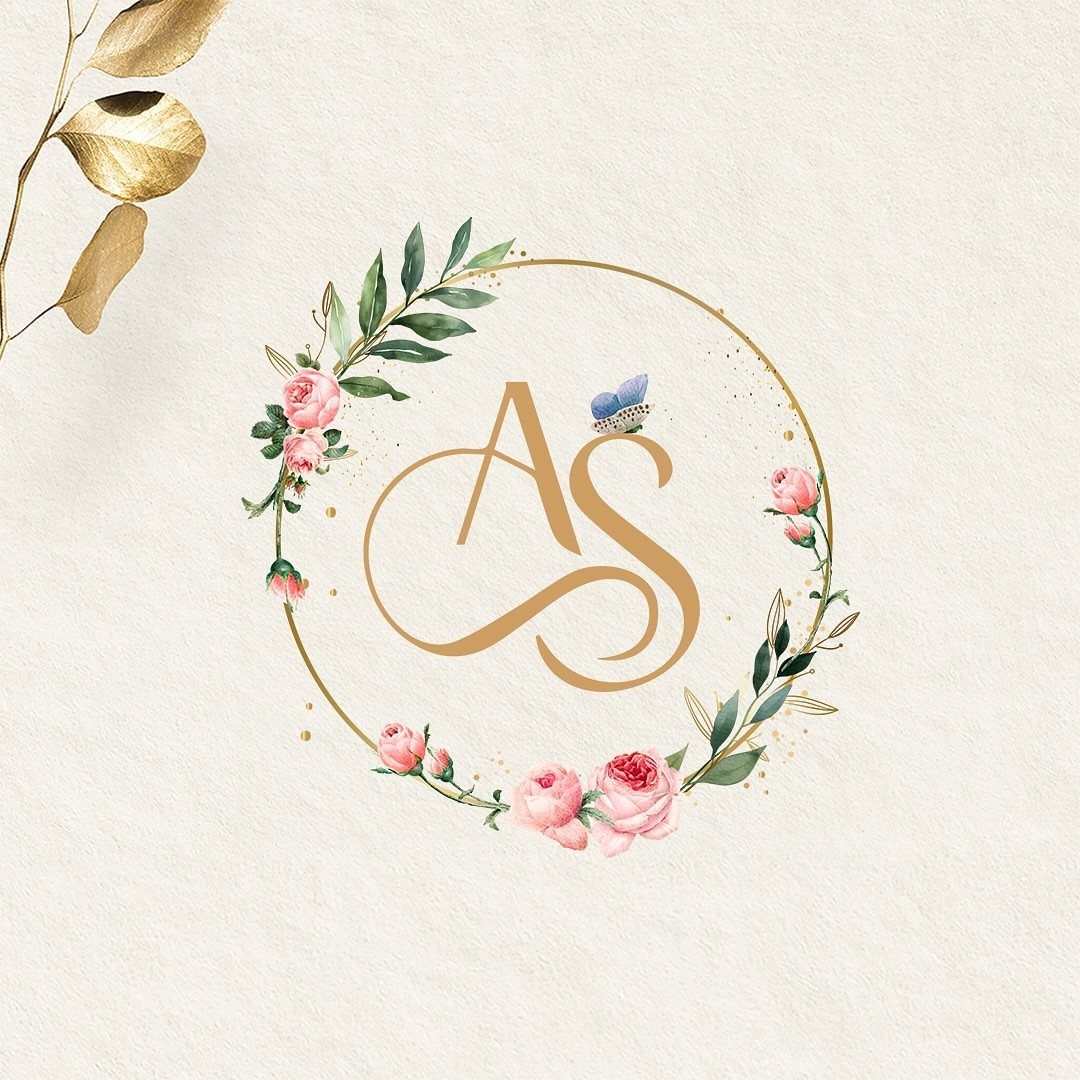 Gold AS monogram encircled by pink roses and green leaves on cream paper.