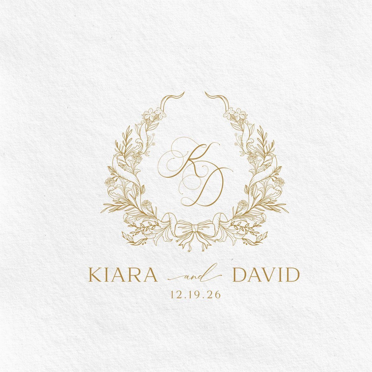 Gold wedding logo monogram with floral wreath and names on white textured paper