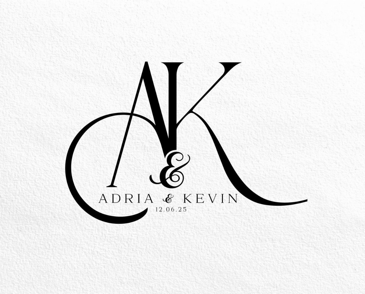 Black serif monogram with letters A and K for Adria and Kevin