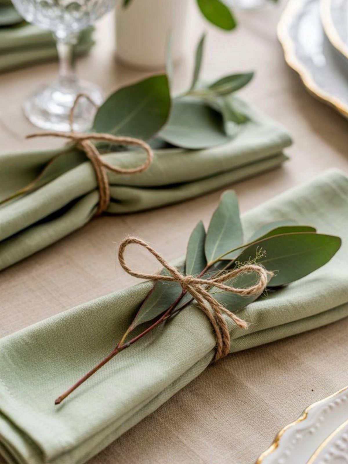 Sage green napkins tied with twine and eucalyptus sprigs on a linen table.