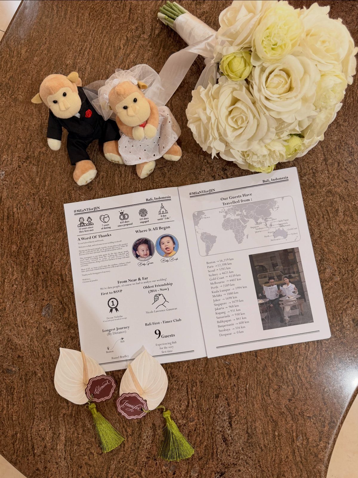 Wedding newspaper program featuring a world travel map, white roses, and plush dolls.