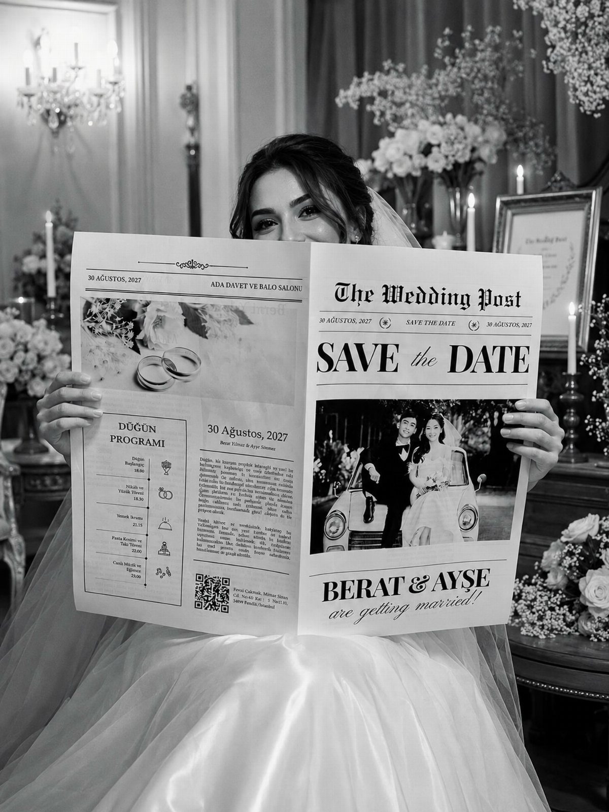 Bride holding a custom wedding newspaper featuring a save the date announcement.