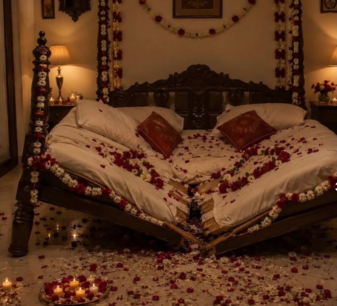 Bed decorated with flower petals and candles for a romantic wedding night.