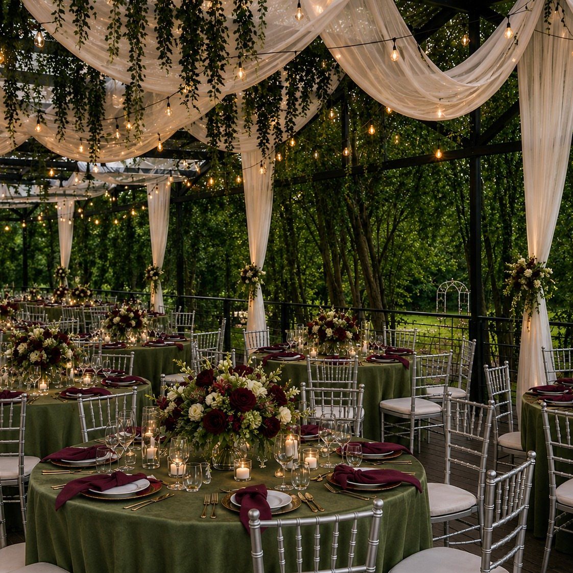 Outdoor wedding reception under a draped pergola with greenery and floral centerpieces.