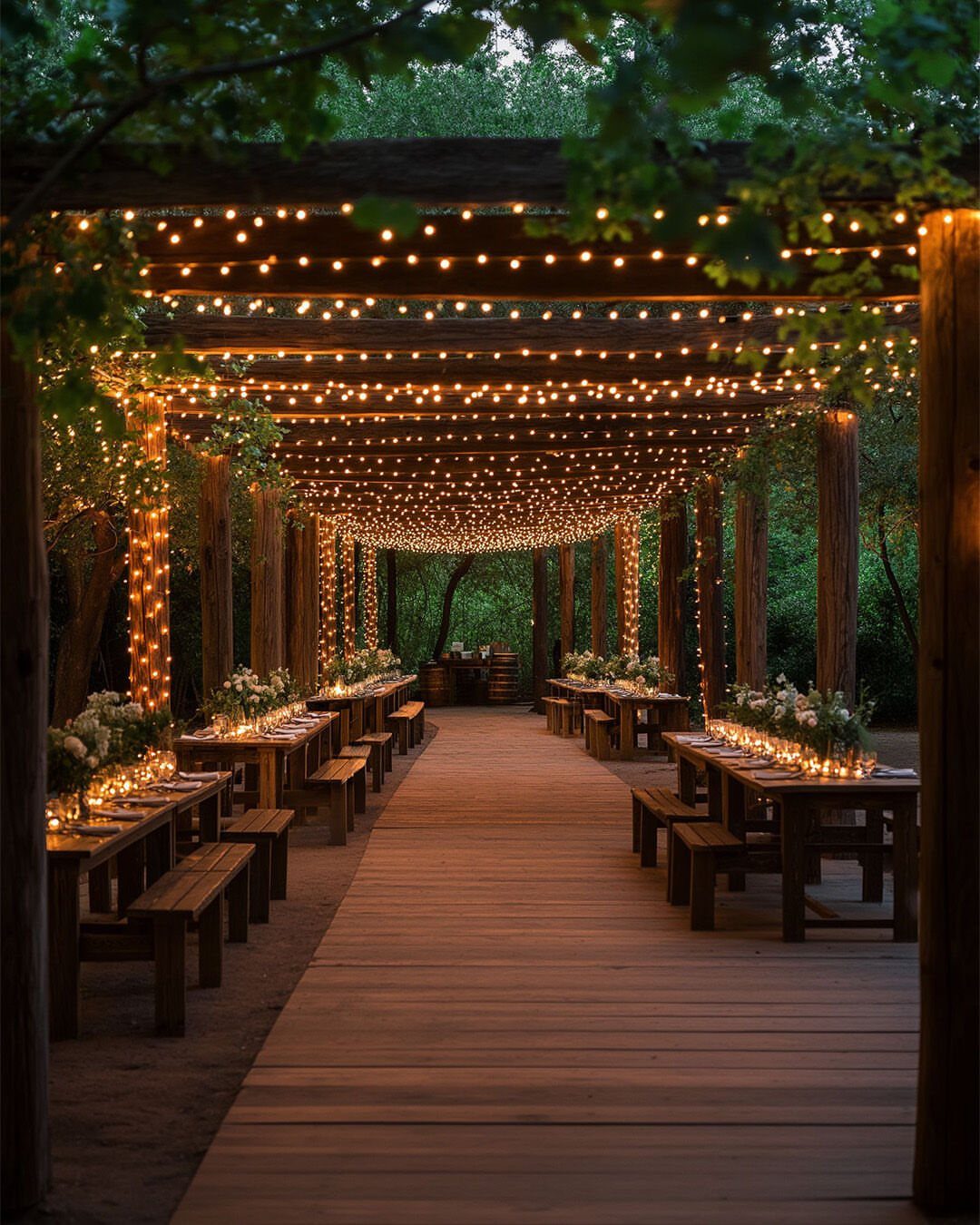Wooden pergola with long dining tables under a canopy of glowing string lights