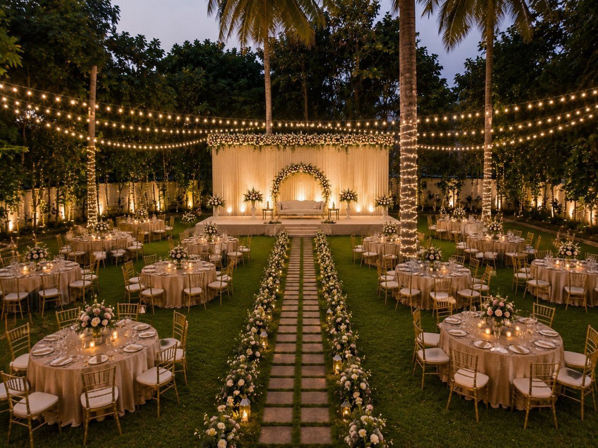 Outdoor wedding reception with round tables, floral aisle, and white draped backdrop.