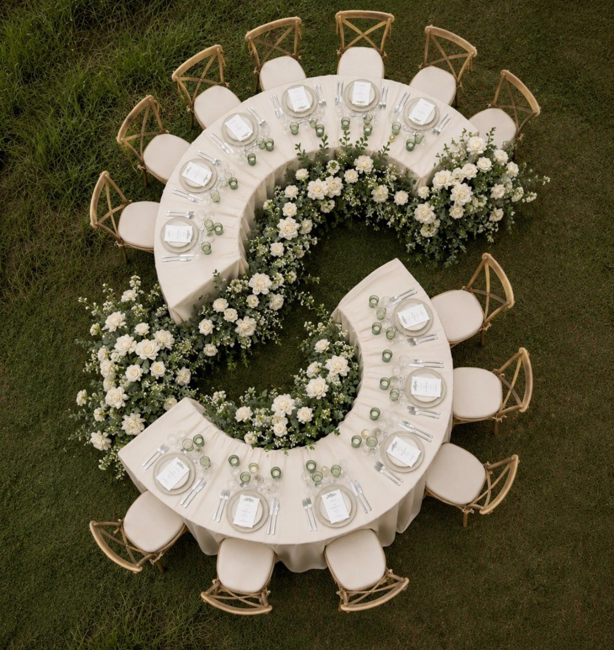 S-shaped curved wedding tables with white floral runners on a green lawn