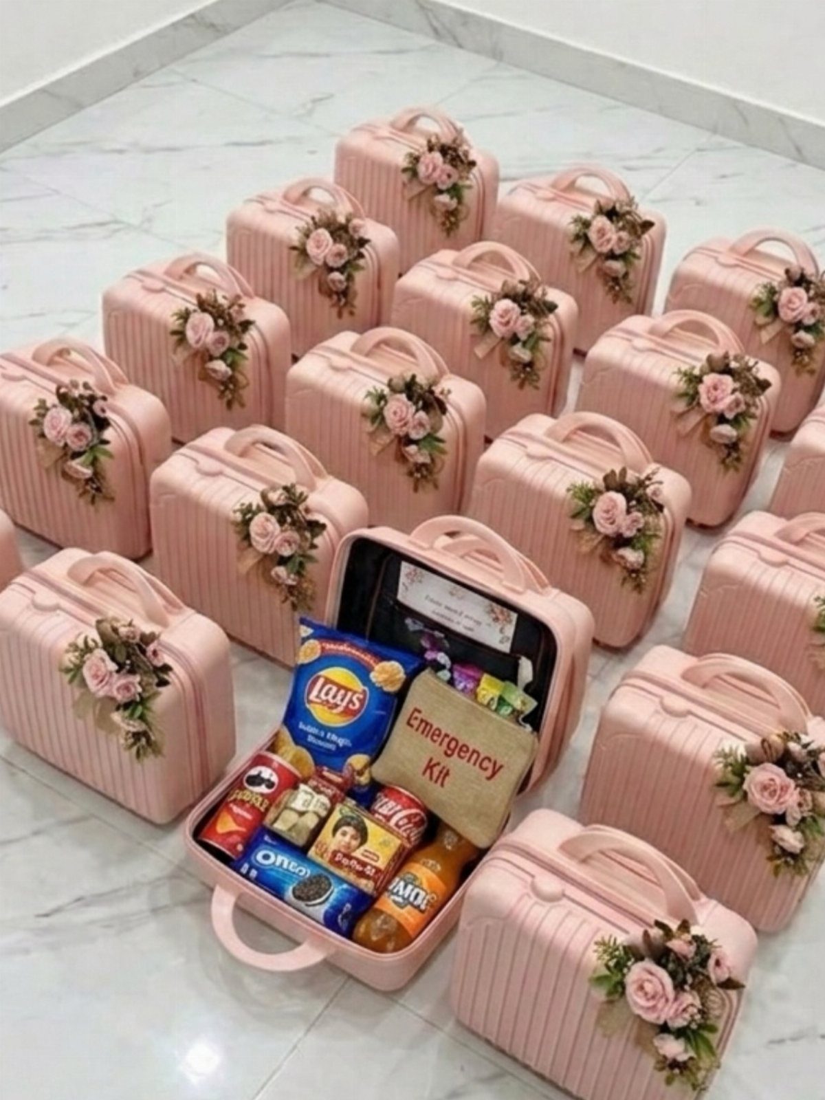 Pink suitcase gift boxes filled with snacks and emergency kits on marble floor