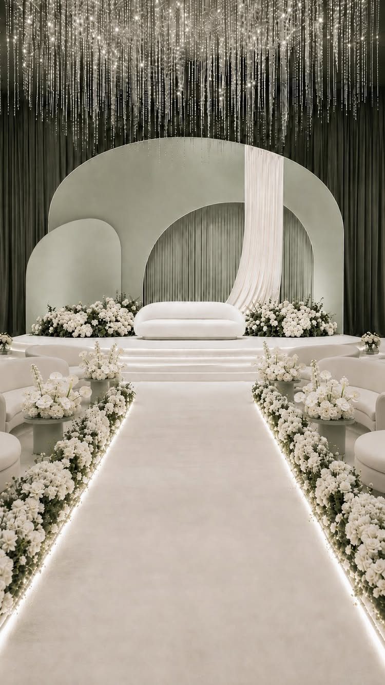 Wedding ceremony setup with sage green curved walls, white flowers, and crystal chandeliers.