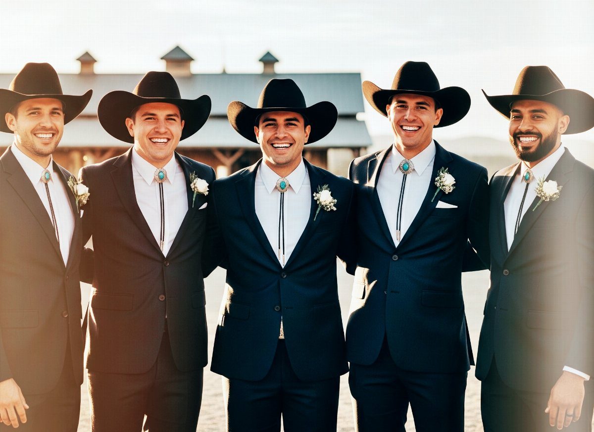 Five men in black cowboy hats and suits wearing bolo ties posing outdoors.