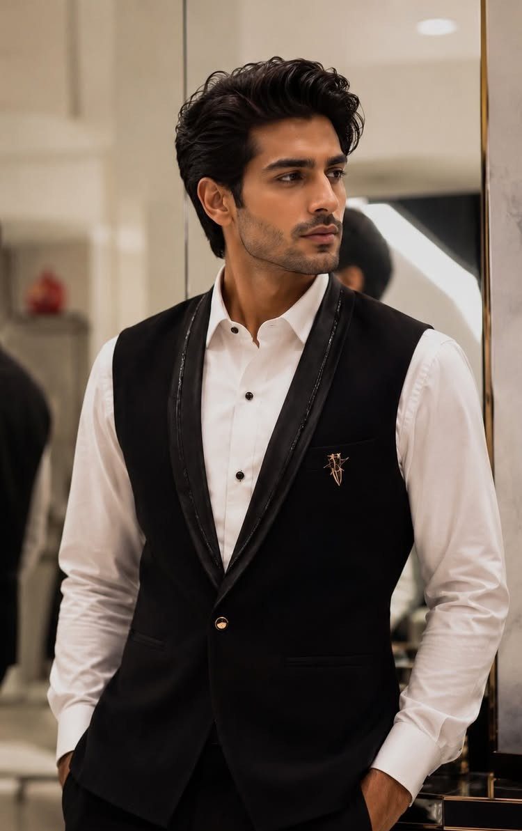 Man wearing a white dress shirt and a black tailored formal vest.