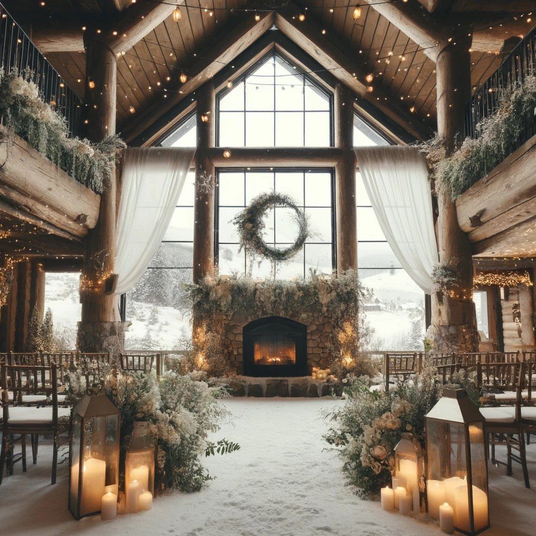 Stone fireplace with burning fire in a rustic log cabin wedding venue.