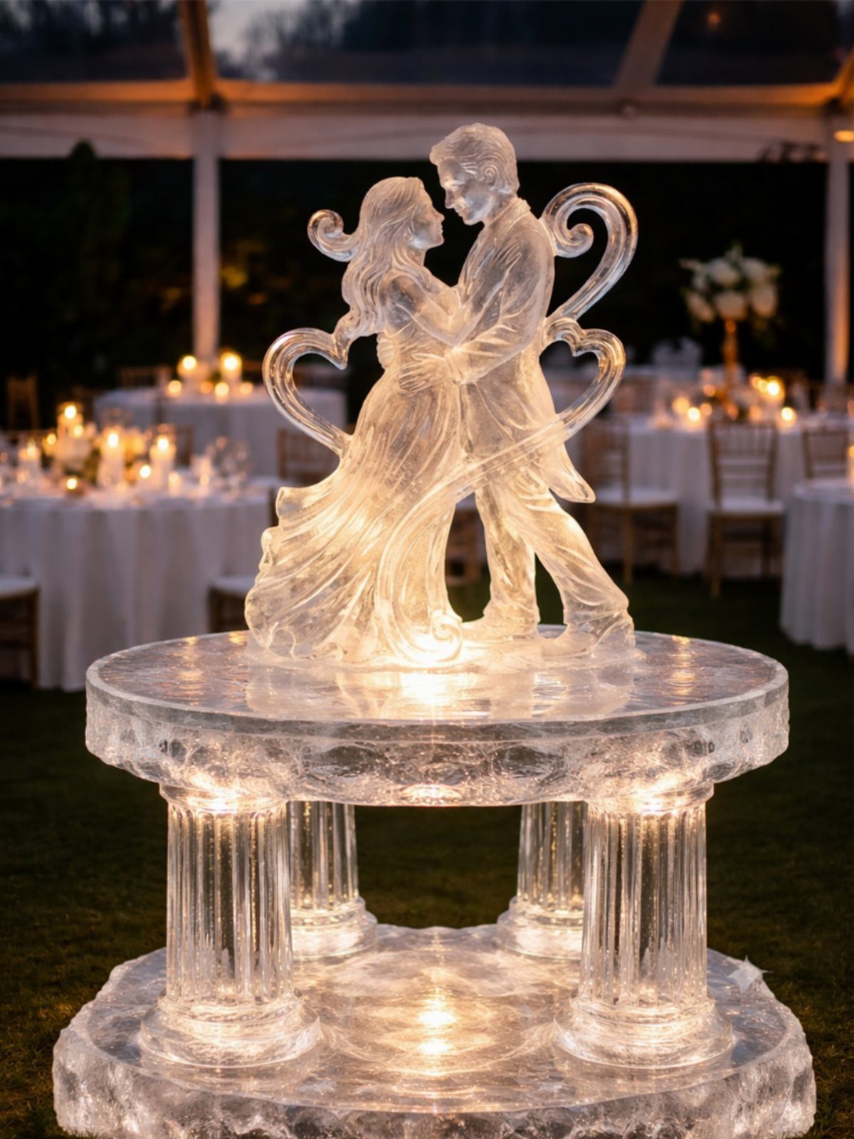 Ice sculpture of a wedding couple on a lit pedestal at a reception