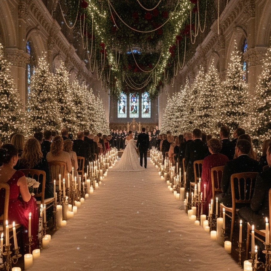Bride and groom at the altar in a grand hall with lit trees.