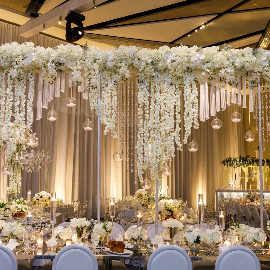 White floral arrangements hanging from a ceiling over a decorated wedding reception table.